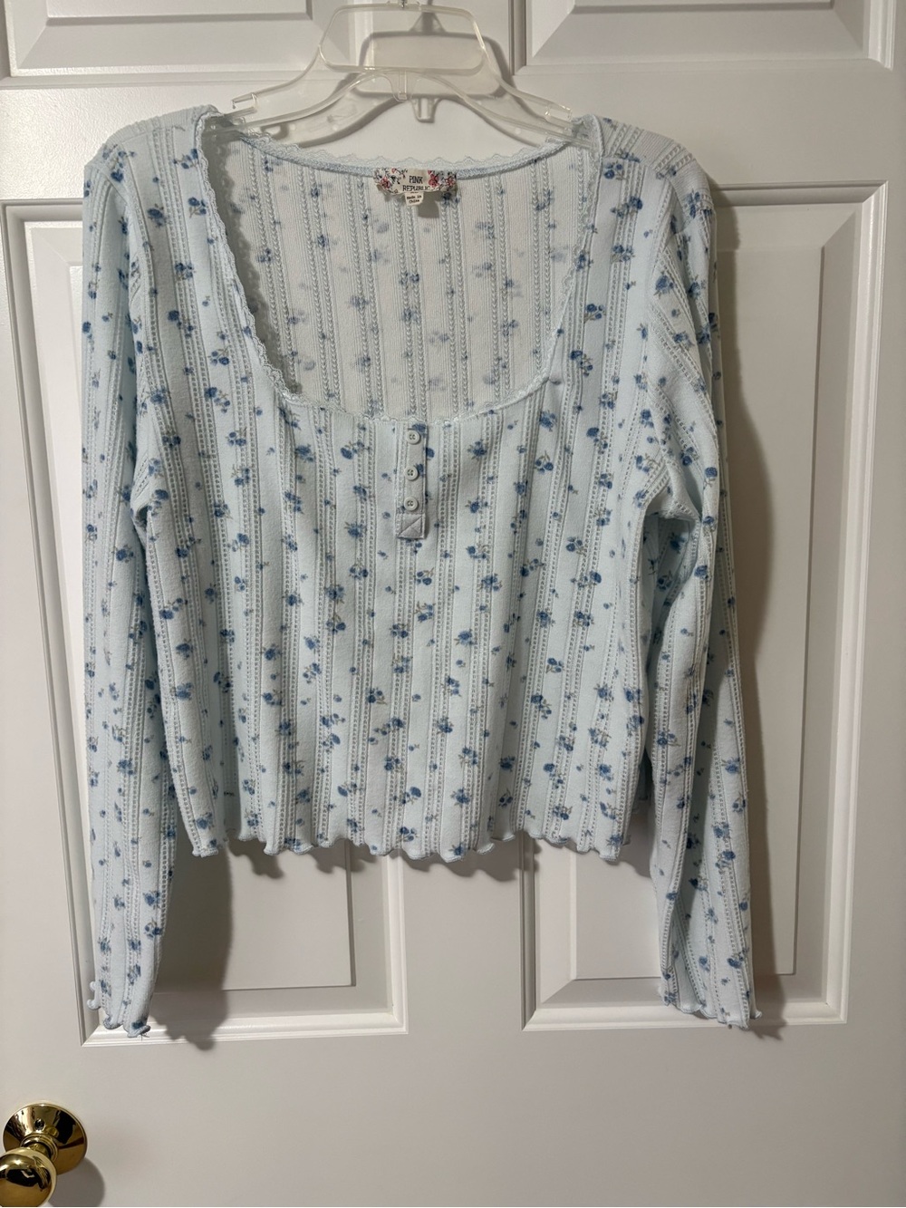 Pink Republic Light Blue Floral Ribbed Henley Long Sleeve Top
